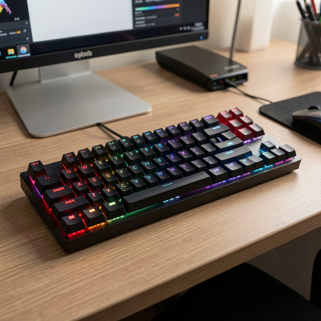 Keychron K8 Pro tastatură mecanică TKL wireless albă cu switch-uri Gateron G Pro transparente, iluminare RGB multicolor activă, cablu USB-C alb împletit, fundal birou minimalist de lemn deschis